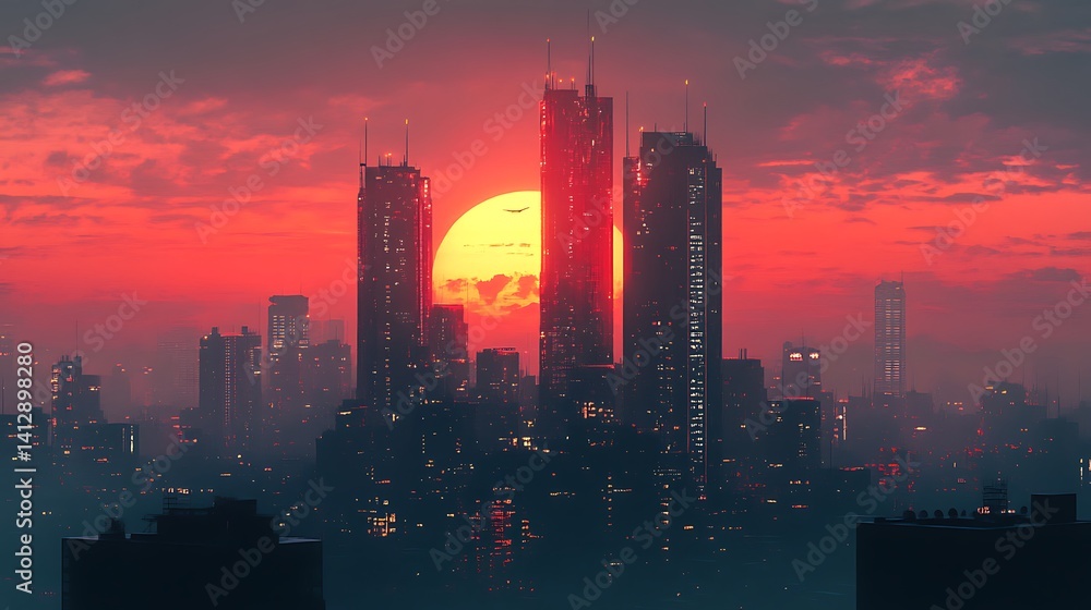 Fototapeta premium Sunset light captures tall cityscape mirrored across smooth lake high resolution picture