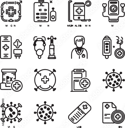 Medical icon set. Containing doctor, medicine, hospital, treatment, healthcare, nurse, pills, clinic and more. Solid vector icons collection. Healthcare thin line vector icon set