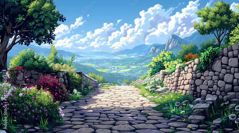 Naklejka premium Pixel Art Landscape Featuring Stone Pathway Leading to Mountains with Green Trees and Blue Cloudy Sky