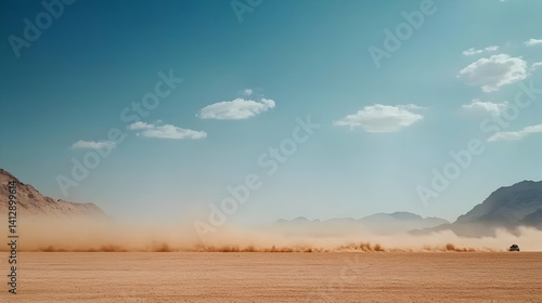 Dusty Desert Landscape Under Sunny Sky