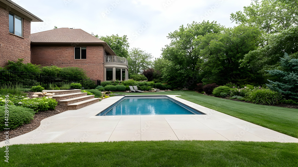 Modern Residential Swimming Pool With Landscaped Backyard