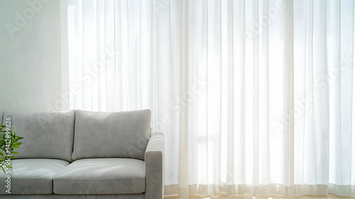 Obraz na płótnie Modern Living Room With Grey Sofa And White Curtains w salonie