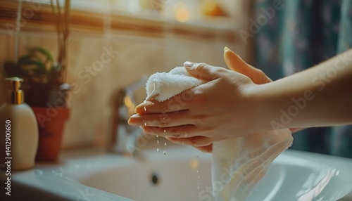 Wallpaper Mural Woman washes her hands with a blue towel in the bathroom. Torontodigital.ca