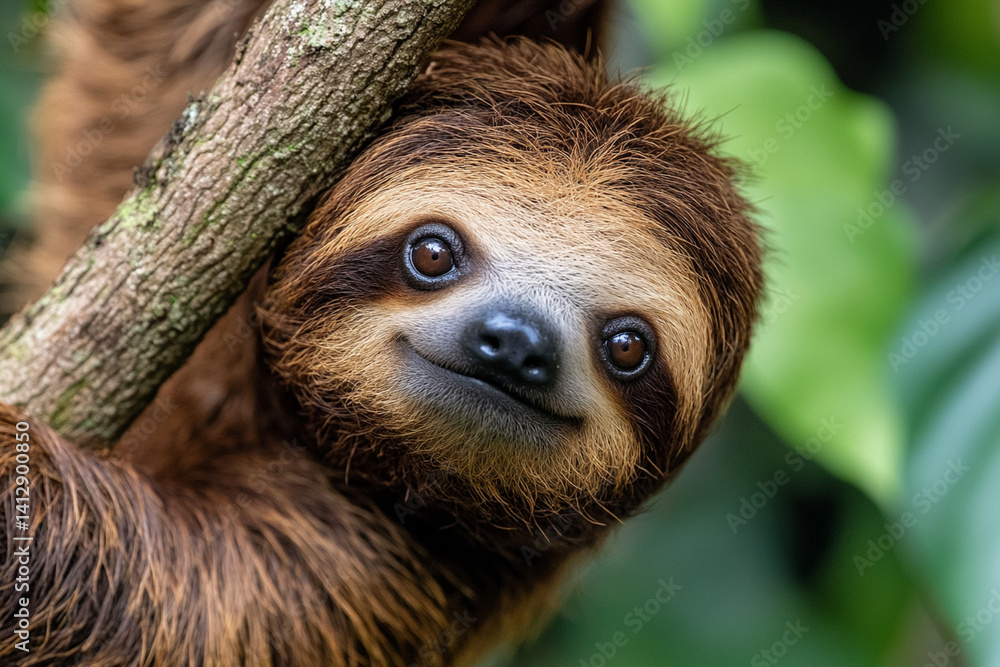 Fototapeta premium Close-up of a baby sloth peacefully hanging from a branch in its natural habitat