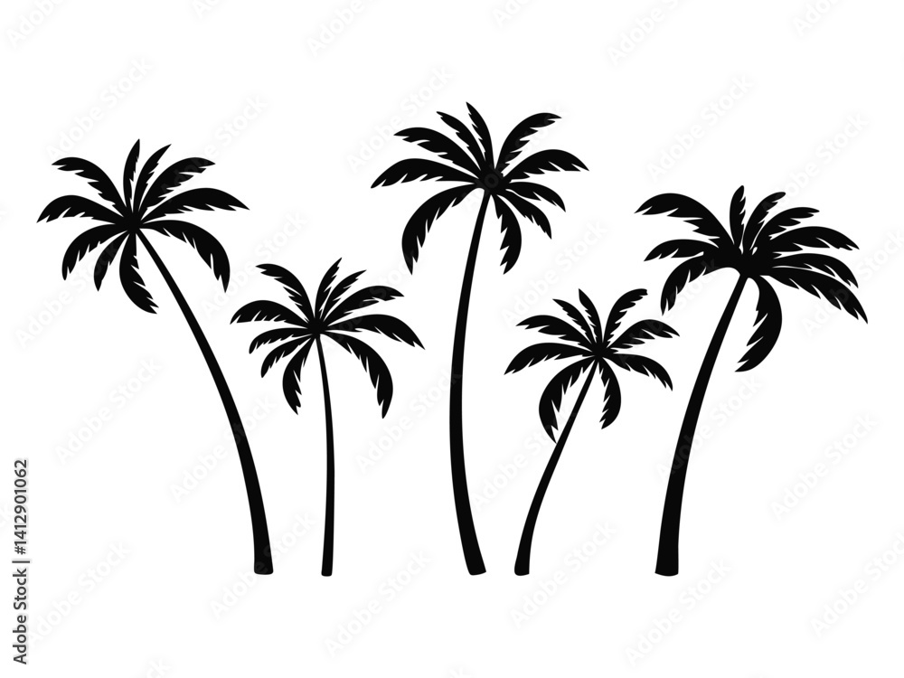 Fototapeta premium A collection of black palm tree silhouettes. Black palm trees set isolated on a white background. Palm silhouettes. Design of palm trees for posters, banners, and promotional items.