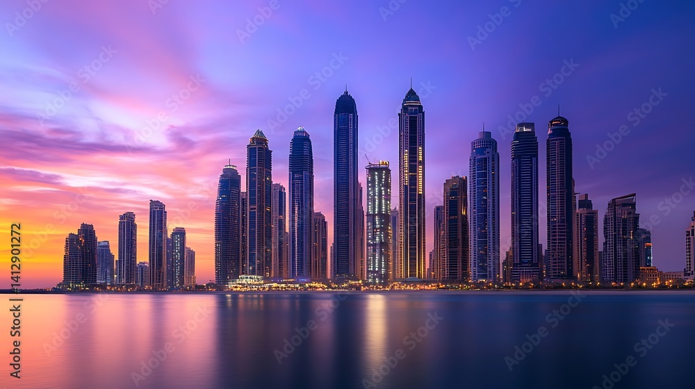 Obraz premium Tall buildings mirrored in sunset water along city skyline high resolution picture