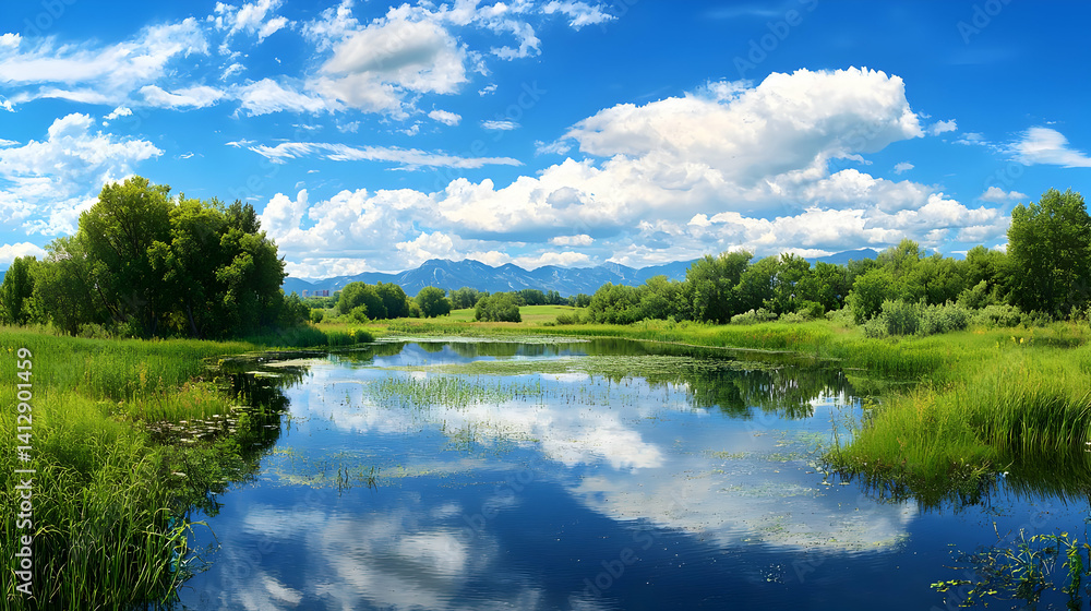 Tranquil Summer Landscape Reflecting Sky and Clouds on a Pond