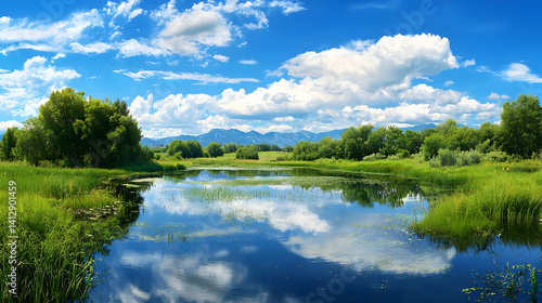 Obraz na płótnie Tranquil Summer Landscape Reflecting Sky and Clouds on a Pond w salonie