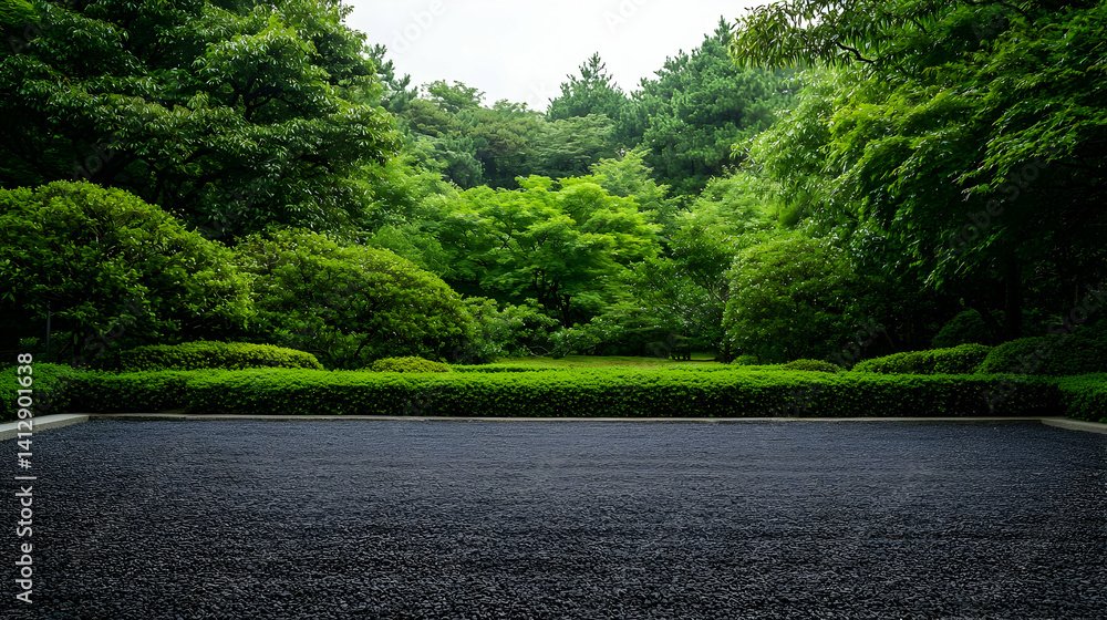 Dark Gray Pebble Garden Path With Lush Green Trees