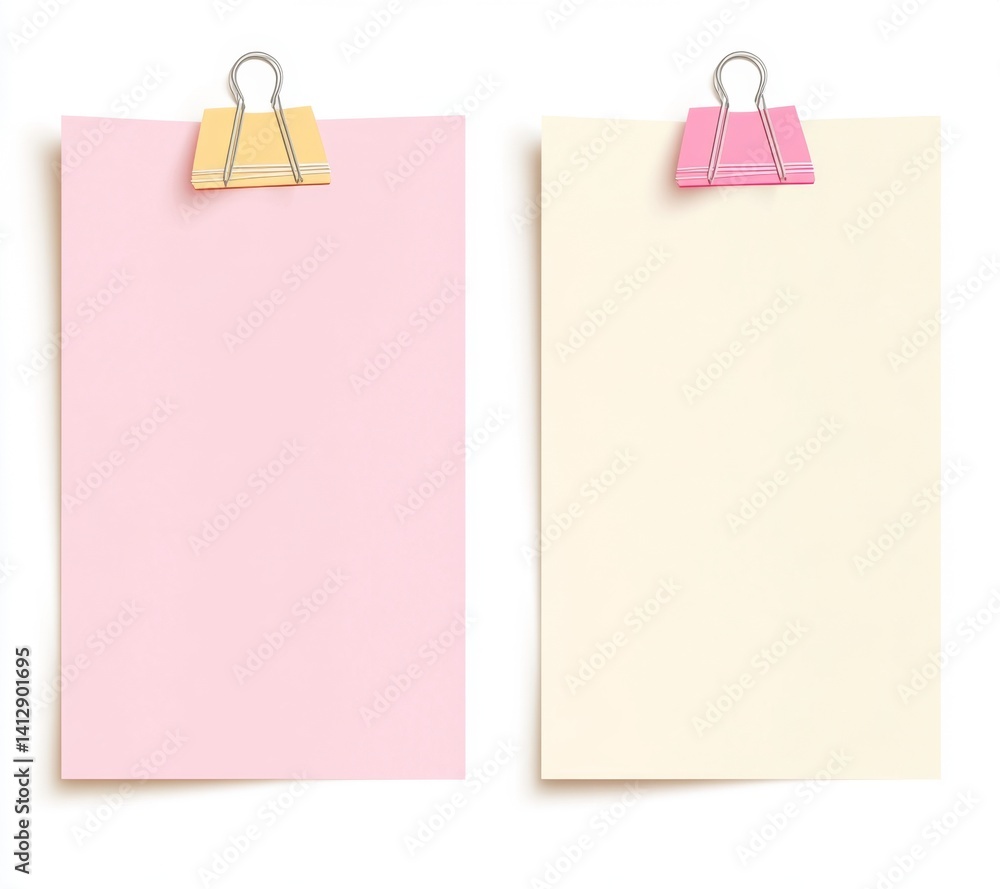 Two blank sticky notes, pastel colors, held by clips Two blank sticky notes, pastel colors, held by clips