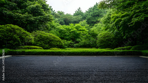 Obraz na płótnie Dark Gray Pebble Garden Path With Lush Green Trees w salonie