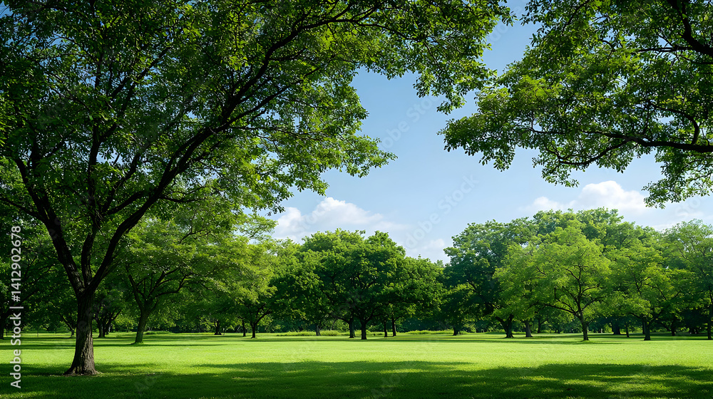 Green Trees And Grass Meadow Under Sunny Blue Sky