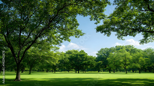 Obraz na płótnie Green Trees And Grass Meadow Under Sunny Blue Sky w salonie