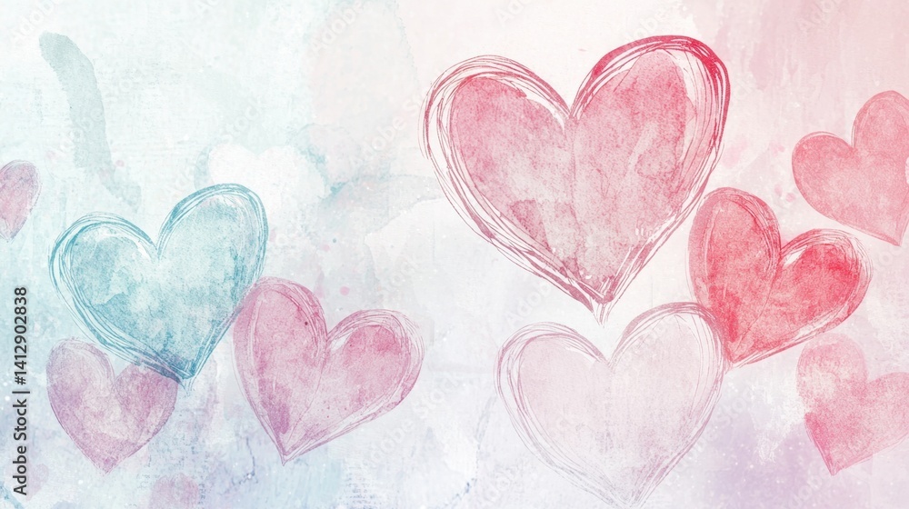 Fototapeta premium Watercolor hearts in shades of red and blue float against a light pastel backdrop, making it a perfect decorative element for romantic events and celebrations