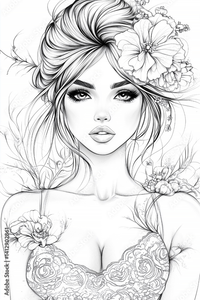Woman with a flower in her hair. She is wearing a lace bra and has a very pretty smile Woman with a flower in her hair. She is wearing a lace bra and has a very pretty smile