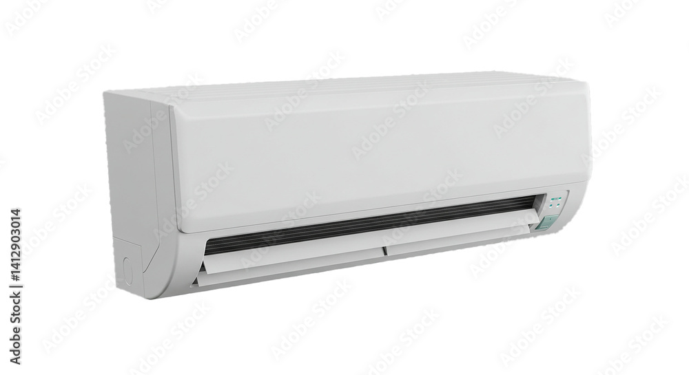 Floating wall-mounted air conditioner unit, white minimal design, high-angle view, isolated on transparent background, photorealistic, no branding Floating wall-mounted air conditioner unit, white minimal design, high-angle view, isolated on transparent background, photorealistic, no branding