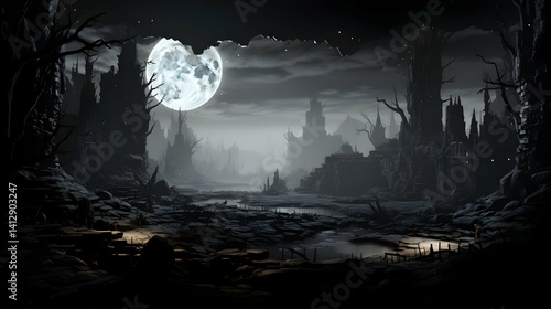 Wallpaper Mural Pixel Art Landscape of a Grayscale Ruined City Under a Bright Moon at Night with Trees Silhouette and Gothic Architecture Torontodigital.ca