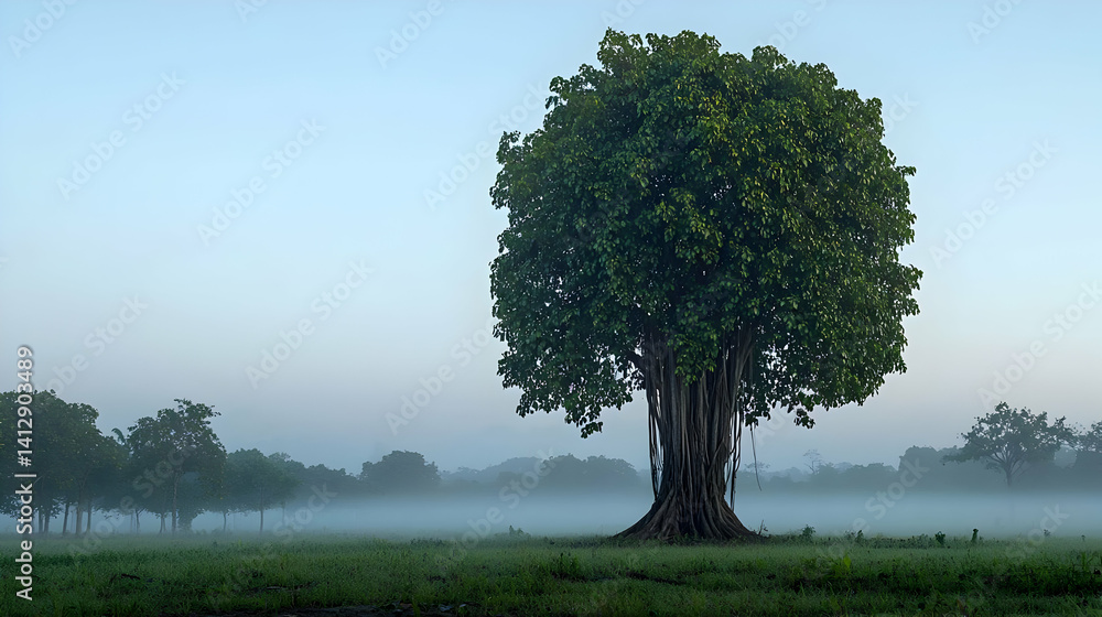 Pixelated Tree In Misty Morning Landscape