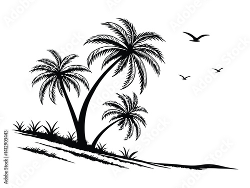 A collection of black palm tree silhouettes. Black palm trees set isolated on a white background. Palm silhouettes. Design of palm trees for posters, banners, and promotional items.