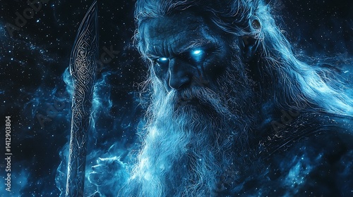 Odin with glowing single eye and long beard, standing under starry sky with spear Gungnir, wolves flanking, divine Viking myth in 8K
