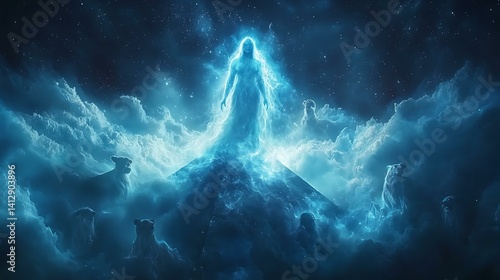 Mystic deity with opalescent skin, standing atop pyramid of energy, surrounded by spirit animals, cosmic backdrop, surreal 8K