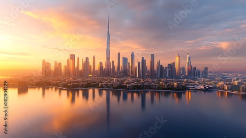 City skyline reflection at dusk with soft orange tones high resolution picture