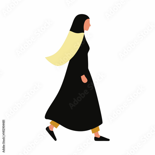 a muslim woman in a flowing abaya and hijab walking.