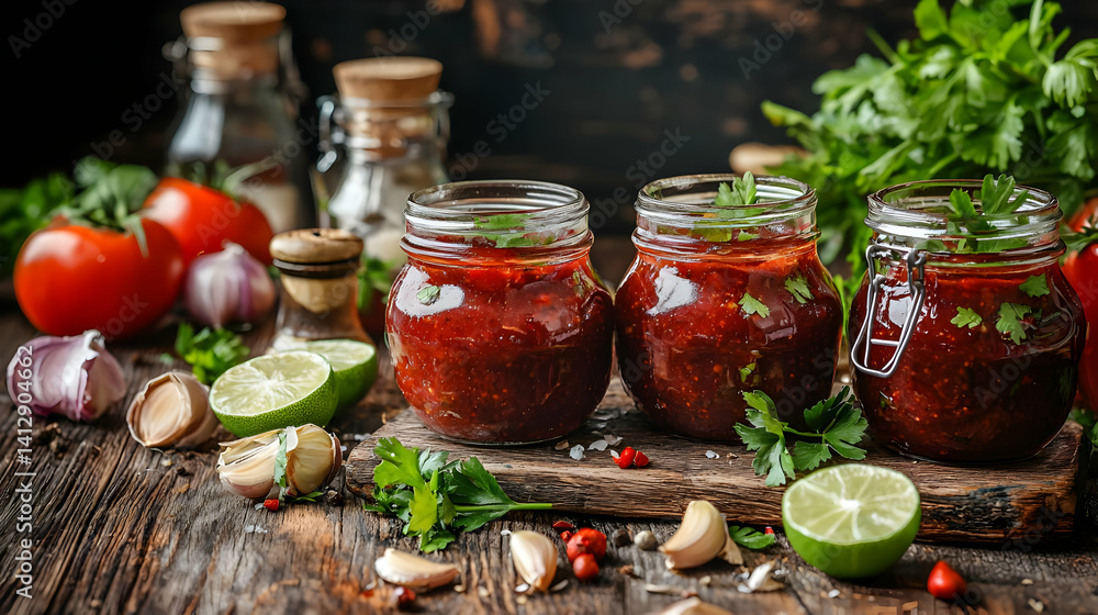 Red Tomato Sauce Jars On Rustic Wooden Board