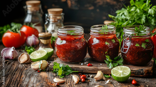 Obraz na płótnie Red Tomato Sauce Jars On Rustic Wooden Board w salonie