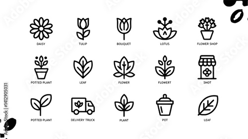 Flower And Plant Icon Set For Floral Businesses And Garden Shops