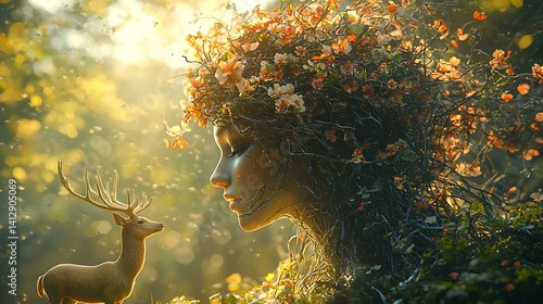 Goddess of nature in bloom, hair flowing with vines and flowers, golden deer beside, sunlight through trees, hyperreal 8K