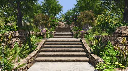 Obraz na płótnie Stone Stairs Leading Through Lush Garden w salonie