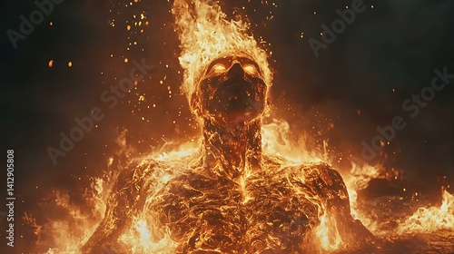 Fire god rising from molten lava pool, body made of ember rock and gold veins, flaming crown, volcanic crater background, cinematic 8K