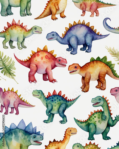 Adorable watercolor baby dinosaur seamless pattern on white hand-painted cute prehistoric creatures for nursery, fabric & kid’s design