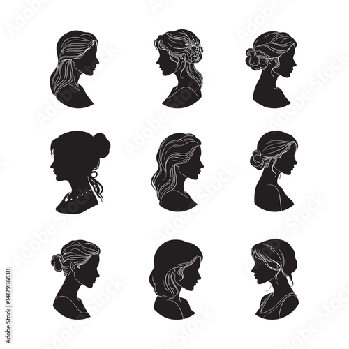black silhouette set of woman and men profile cameo icons with various hairstyles wedding illustrations