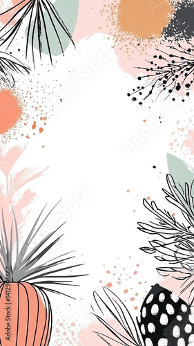 Abstract fluid forms and vibrant organic shapes combined with botanical elements. Background Print for Textile, Packaging, Banner, Decor, Wrap, Fashion, Accessories, Web, Social.