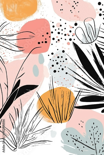 Abstract fluid forms and vibrant organic shapes combined with botanical elements. Background Print for Textile, Packaging, Banner, Decor, Wrap, Fashion, Accessories, Web, Social.