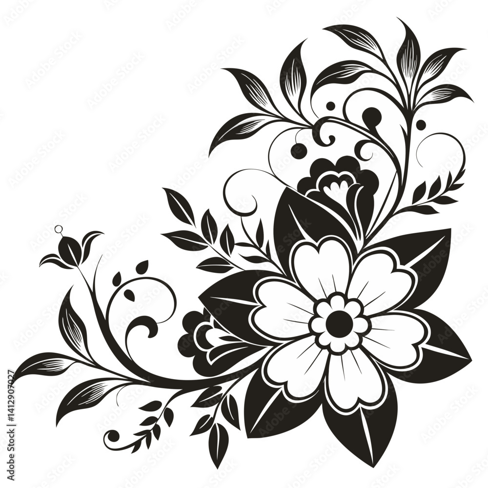 Elegant Floral Corner Design with Intricate Swirls and Multiple Blossom Sizes
Elegant Floral Corner Design with Intricate Swirls and Multiple Blossom Sizes