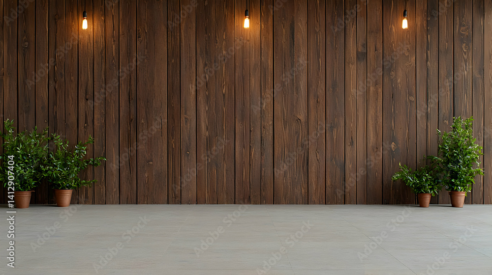 Empty Room With Wooden Wall And Plants