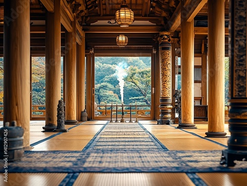 Peaceful Japanese temple hall with wooden columns and serene vista