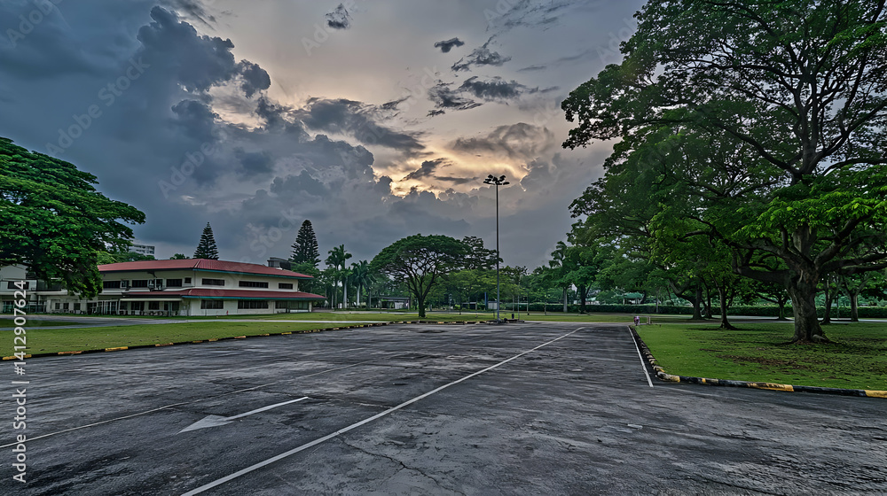 Empty Parking Lot At Sunset With Cloudy Sky