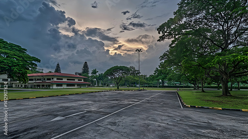 Obraz na płótnie Empty Parking Lot At Sunset With Cloudy Sky w salonie
