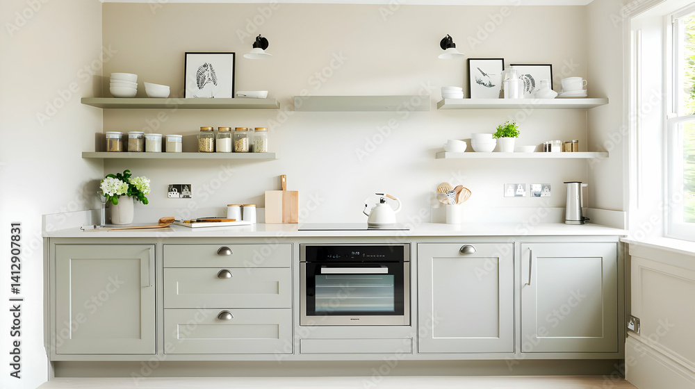 Modern Light Gray Kitchen With Open Shelving