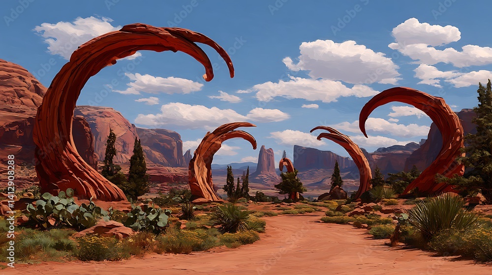 Fototapeta premium A surreal landscape featuring towering red rock formations under a blue sky with clouds.