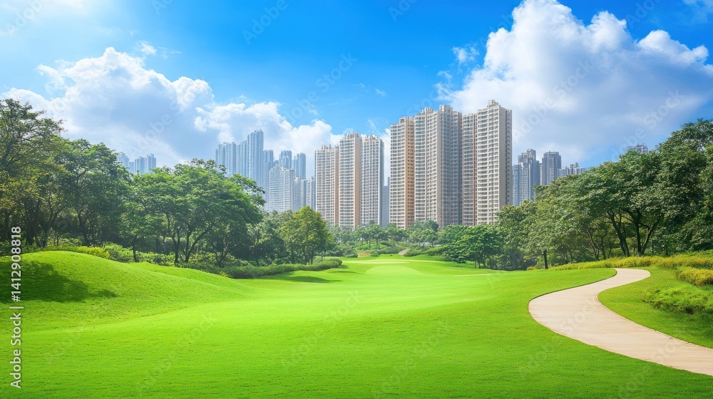 Lush golf course with city skyline background. Possible use for Real estate, tourism brochures Lush golf course with city skyline background. Possible use for Real estate, tourism brochures