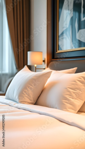 bed with white sheets and pillows in a hotel room
