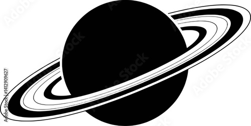 Black And White Vector Drawing Of Saturn Planet With Rings Isolated On White