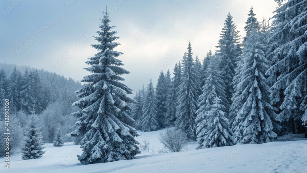 Pine Forest in Winter with Snow Covered Ground and Misty Light Through Trees Suitable for Seasonal Landscape Themes Pine Forest in Winter with Snow Covered Ground and Misty Light Through Trees Suitable for Seasonal Landscape Themes