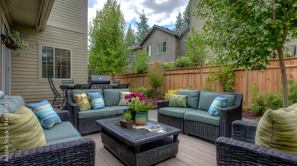 Outdoor Patio Furniture Setting With Greenery