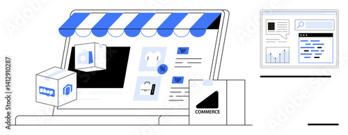 Laptop display with online store layout, product images, packaging boxes, and analytics dashboard. Ideal for digital commerce, sales strategy, marketing, small business, SEO analytics simple
